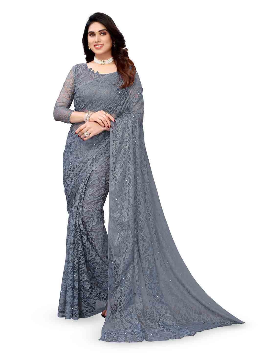 

MAGMINA Woven Design Beads and Stones Net Saree, Grey