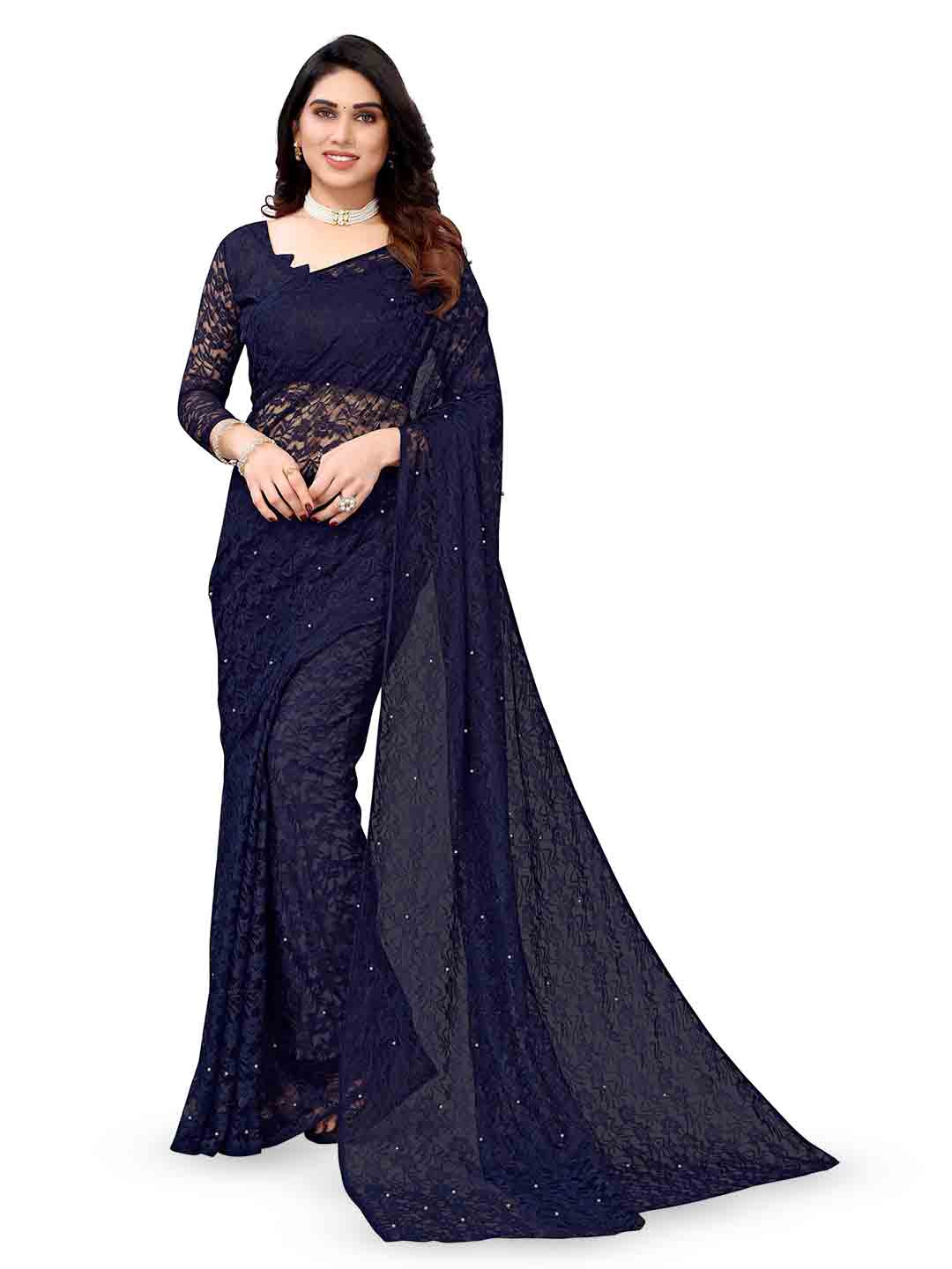 

MAGMINA Woven Design Beads and Stones Net Saree, Blue