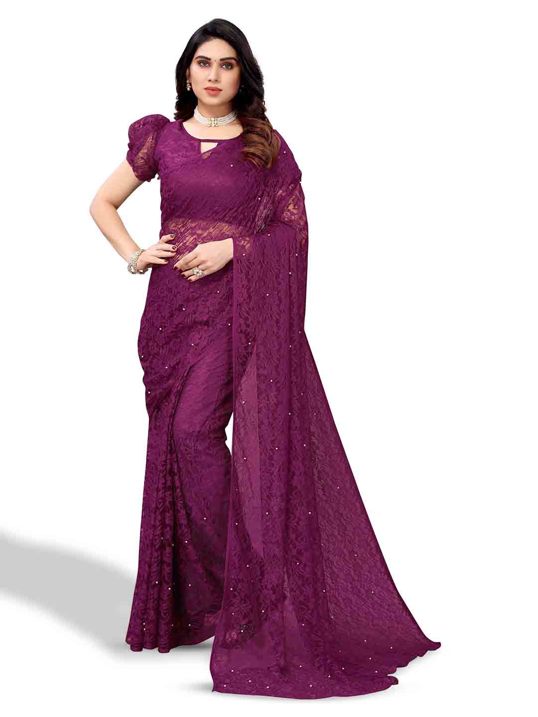 

MAGMINA Woven Design Beads and Stones Net Saree, Purple