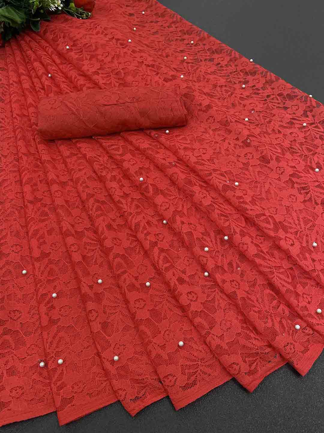 

MAGMINA Woven Design Beads and Stones Net Saree, Red