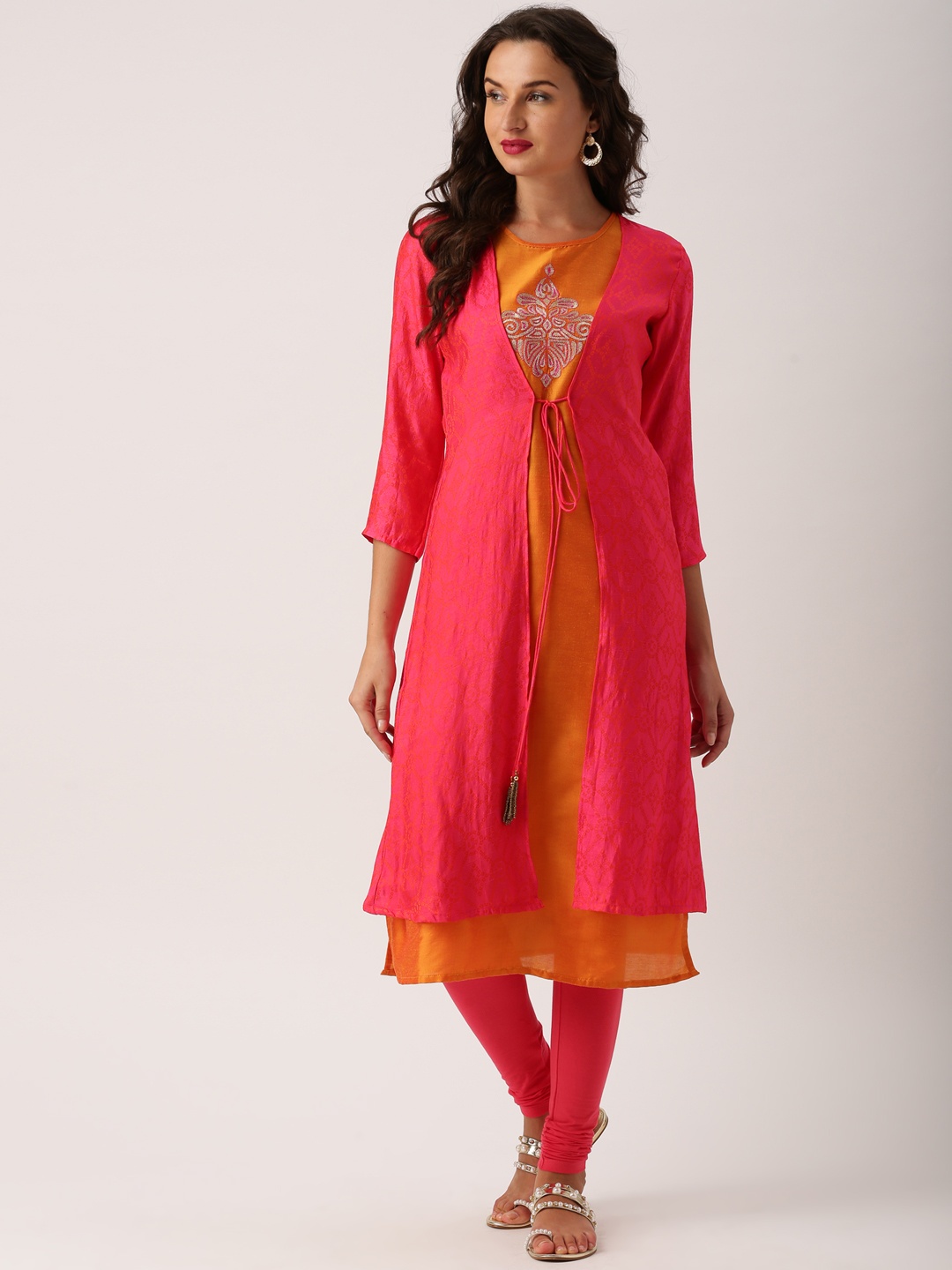

IMARA Women Pink & Rust Orange Printed Layered Kurta with Churidar