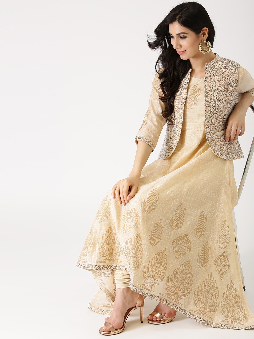 

IMARA Women Beige Printed Kurta with Churidar & Waistcoat