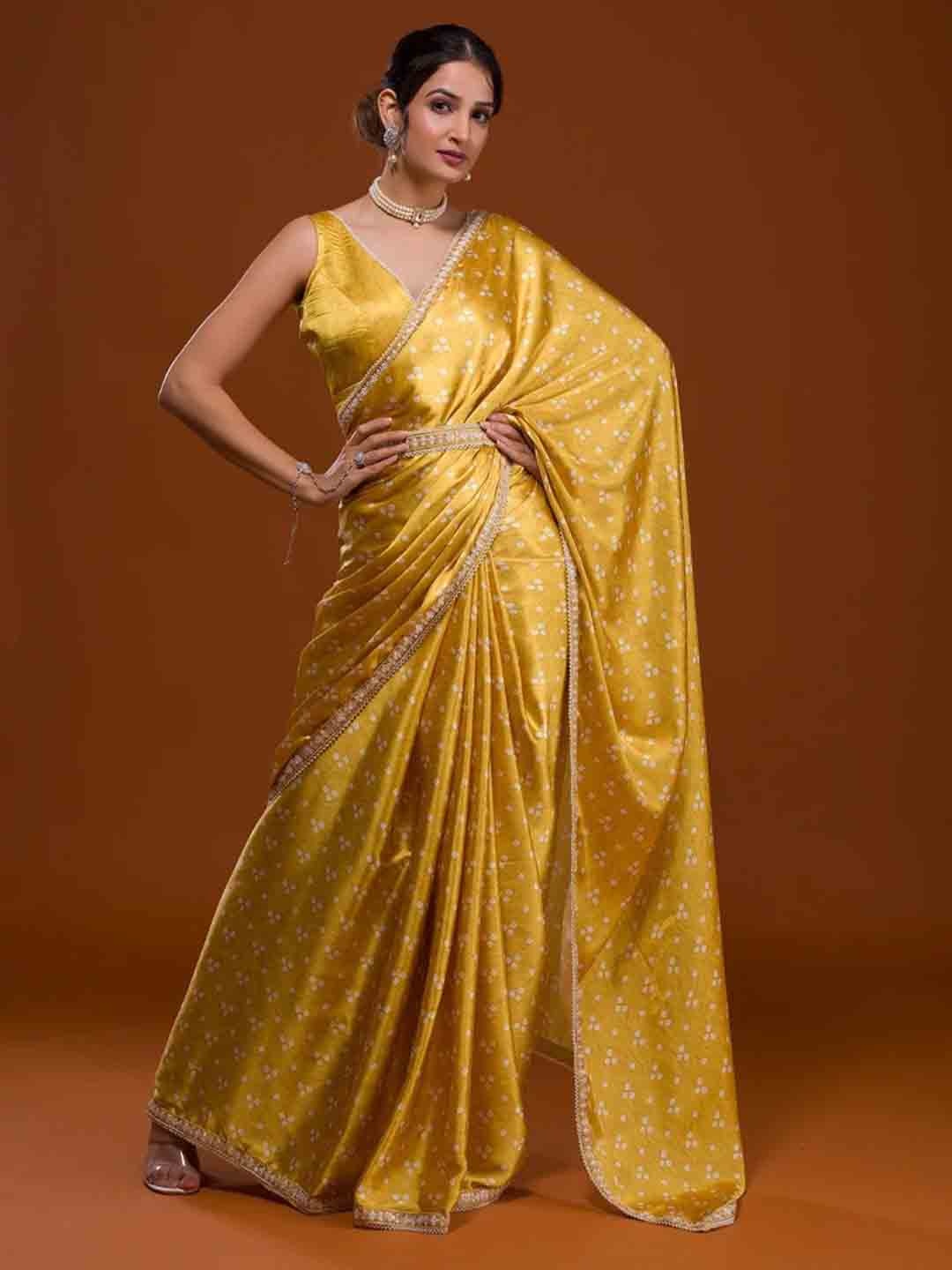 

VEERAX Bandhani Printed Sequinned Satin Saree, Yellow