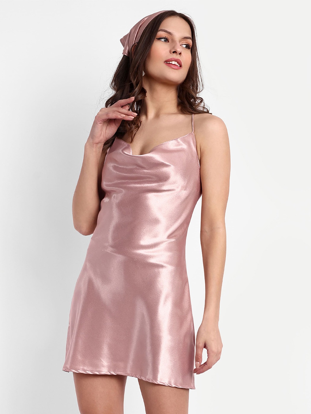 

ESSQUE Cowl Neck Sleeveless Sheath Mini Dress With Matching Hairband, Pink