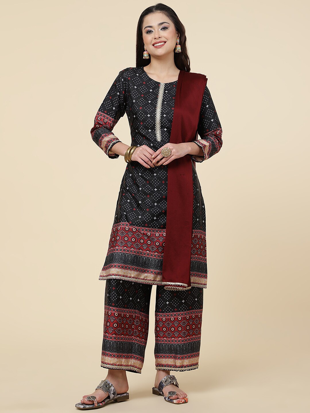 

HERE&NOW Black Ethnic Motifs Printed Silk Crepe Kurta with Palazzos & Dupatta