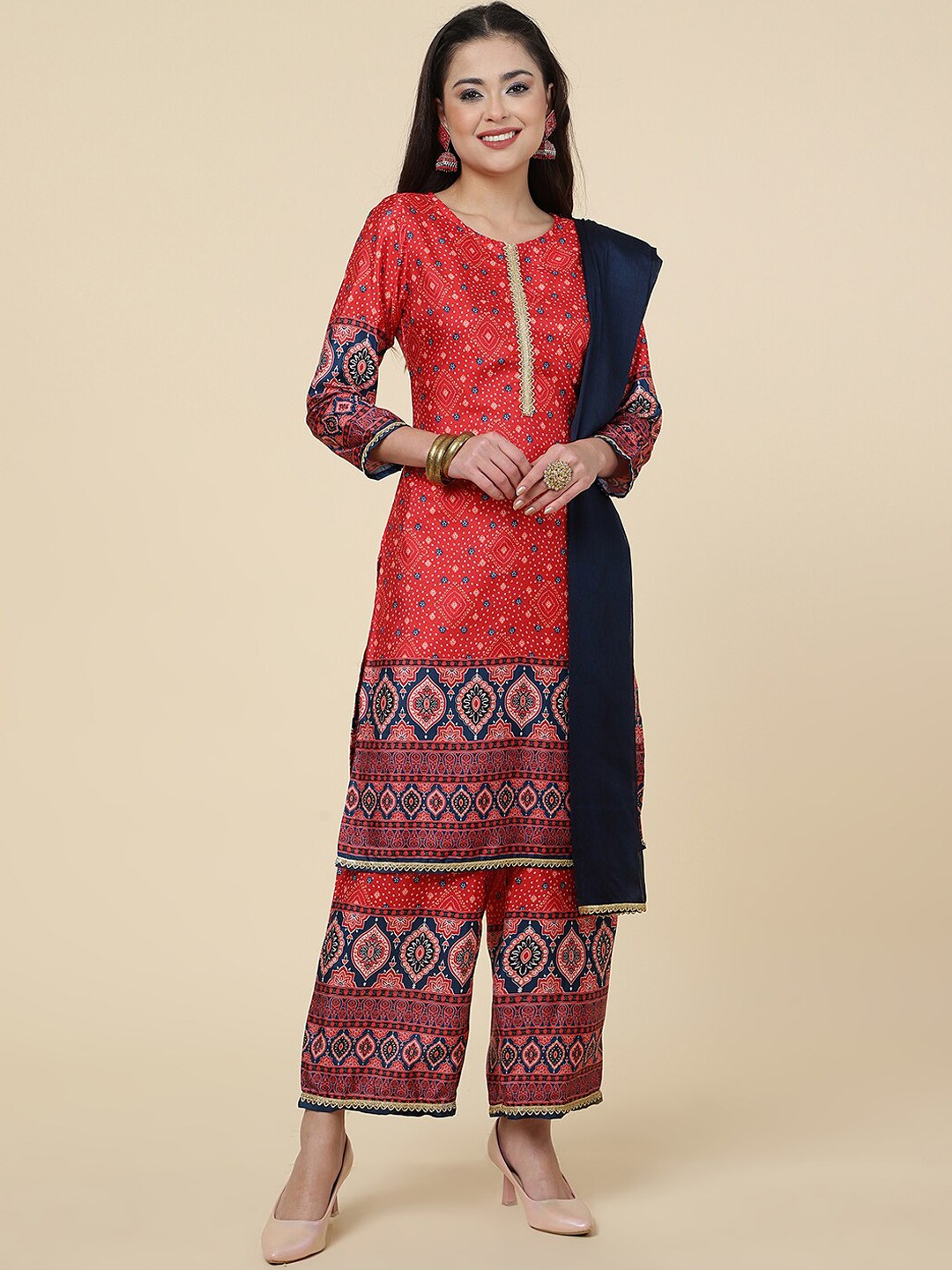 

HERE&NOW Ethnic Motifs Printed Silk Crepe Straight Kurta With Trousers & Dupatta, Red