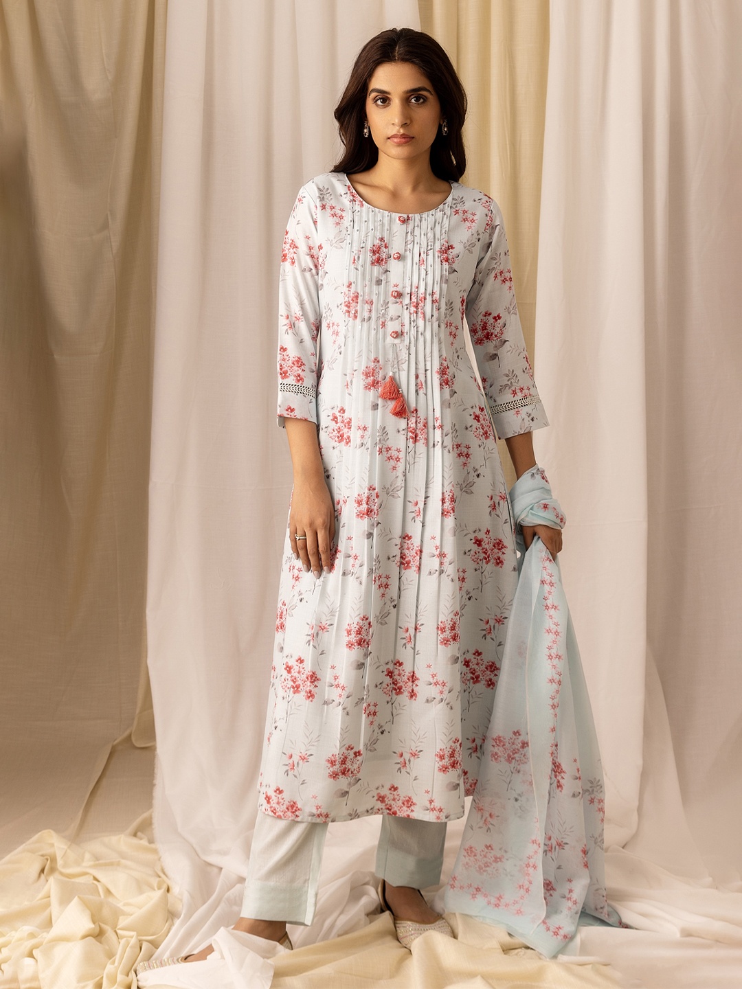 

Ishin White Floral Printed Pleated Sequinned Linen A-Line Kurta With Trousers & Dupatta