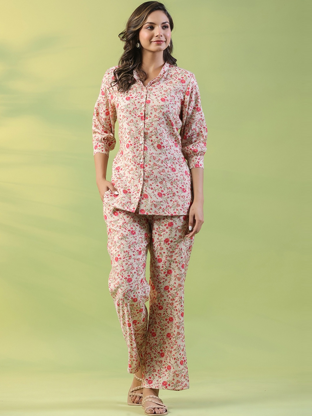 

mirari Floral Printed Pure Cotton Top & Palazzo Co-Ords, Pink