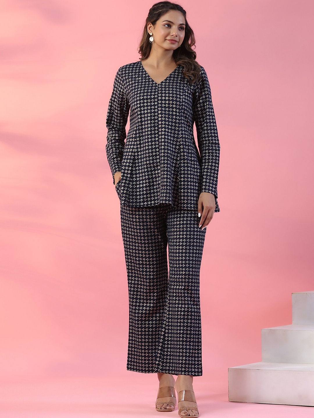 

mirari Printed Pure Cotton V- Neck Top With Trousers, Blue