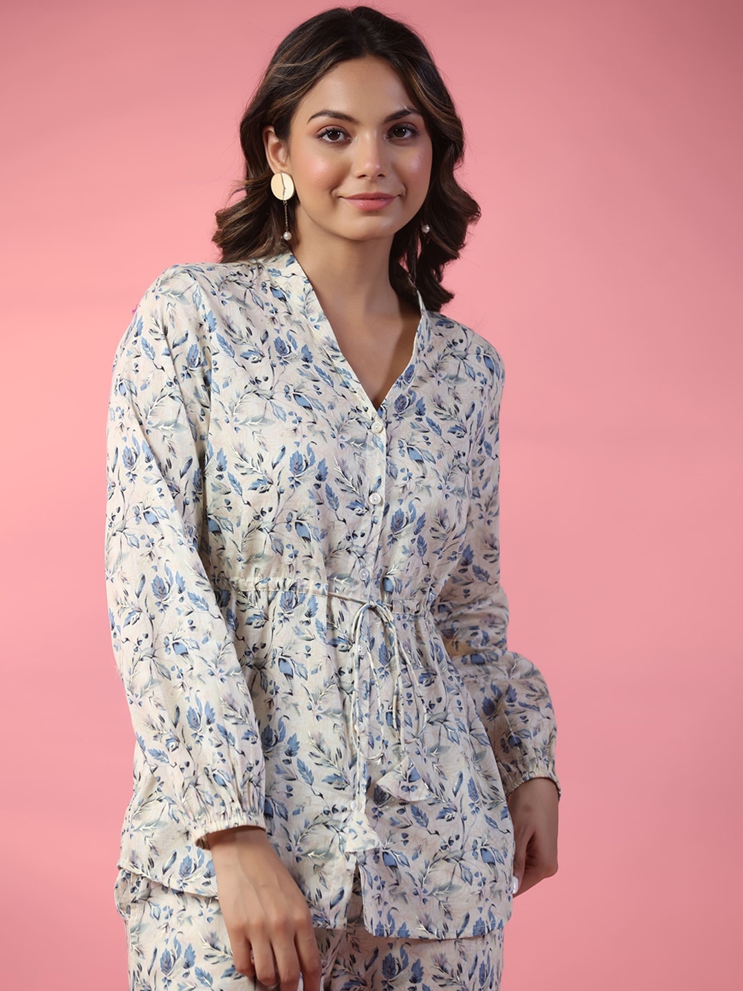 

mirari Floral Printed Pure Cotton Top with Trousers, Off white