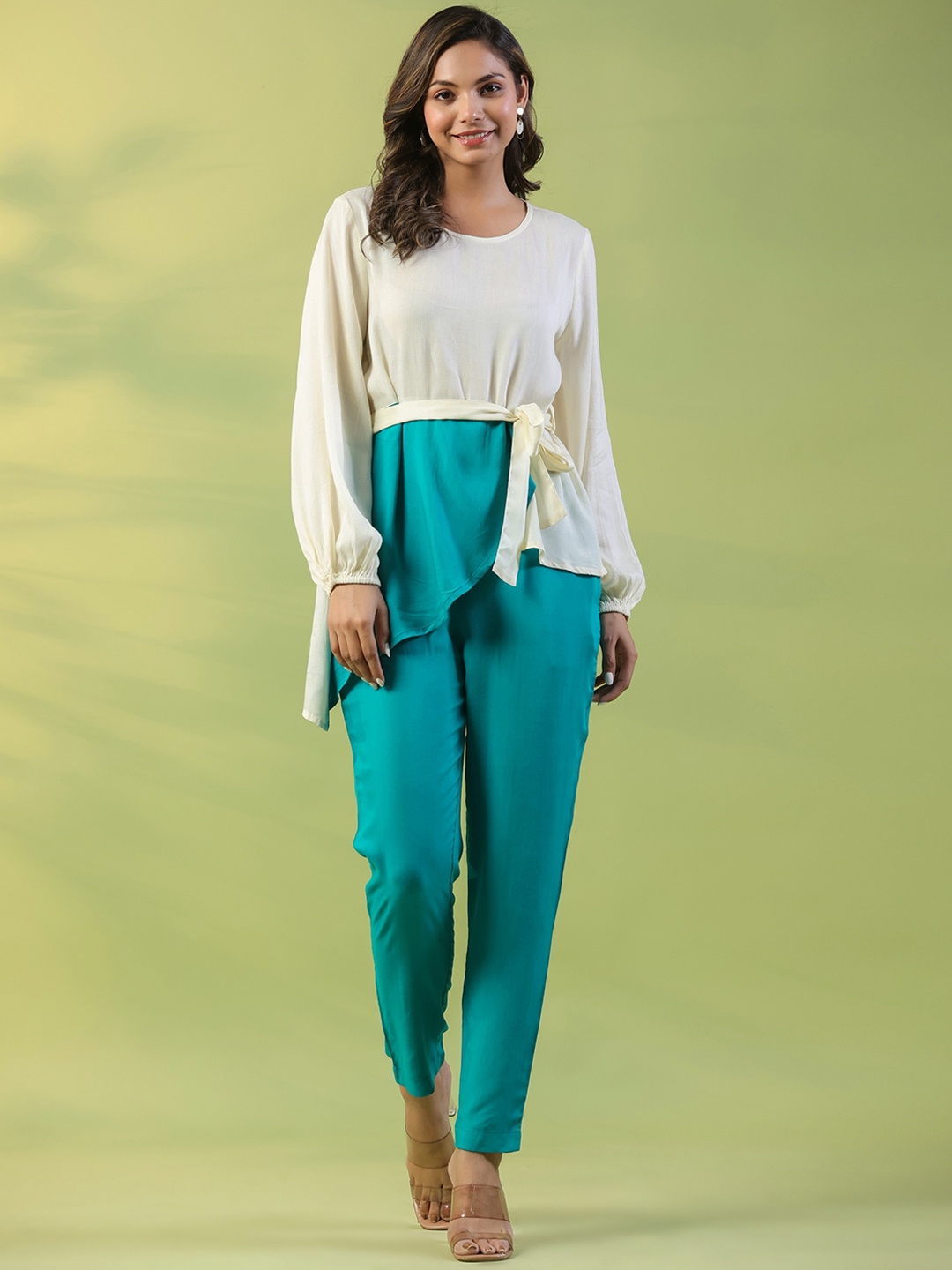 

mirari Round Neck Top With Trouser, Turquoise blue