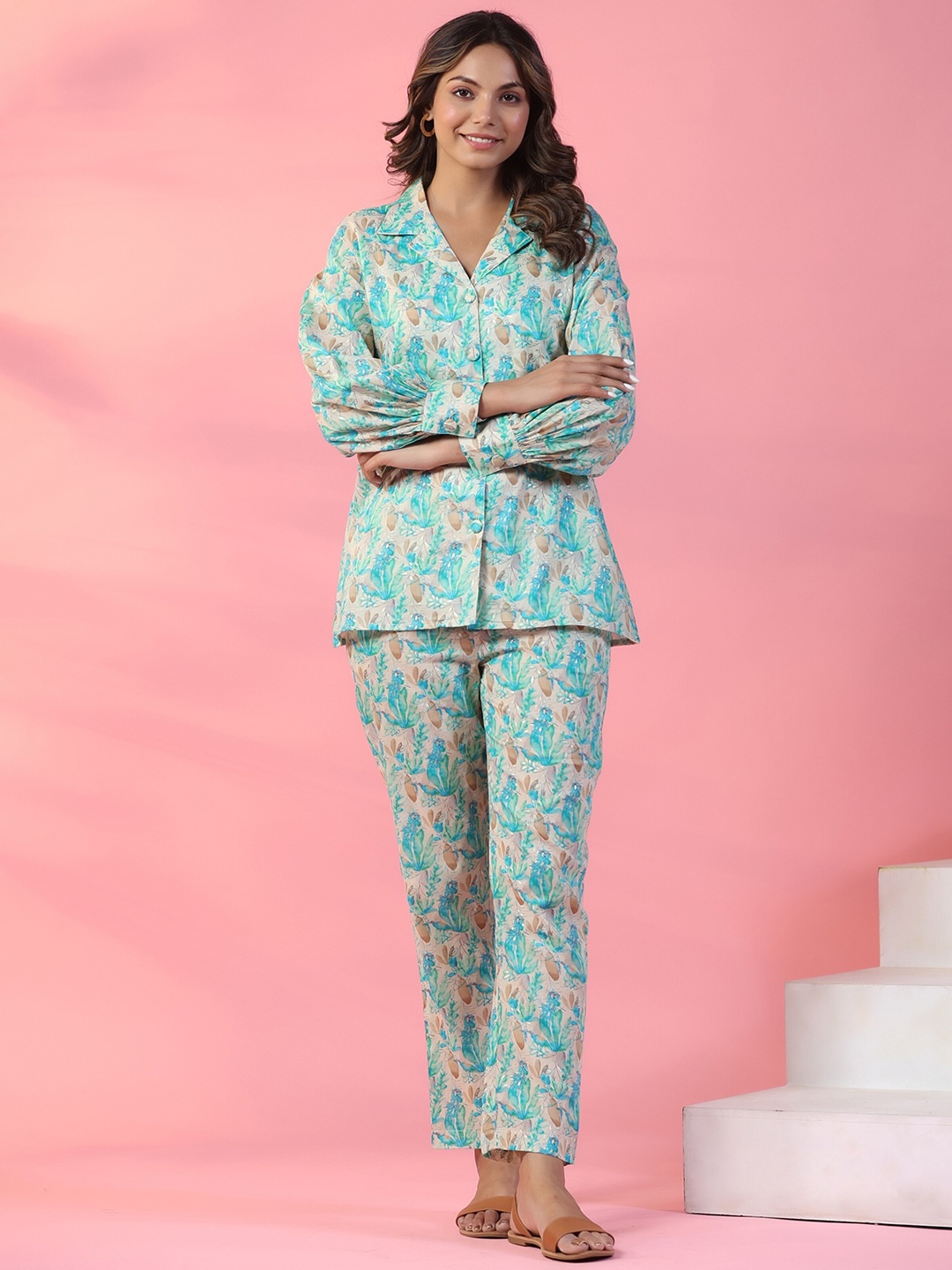 

mirari Printed Pure Cotton Top & Trousers With Jacket, Turquoise blue
