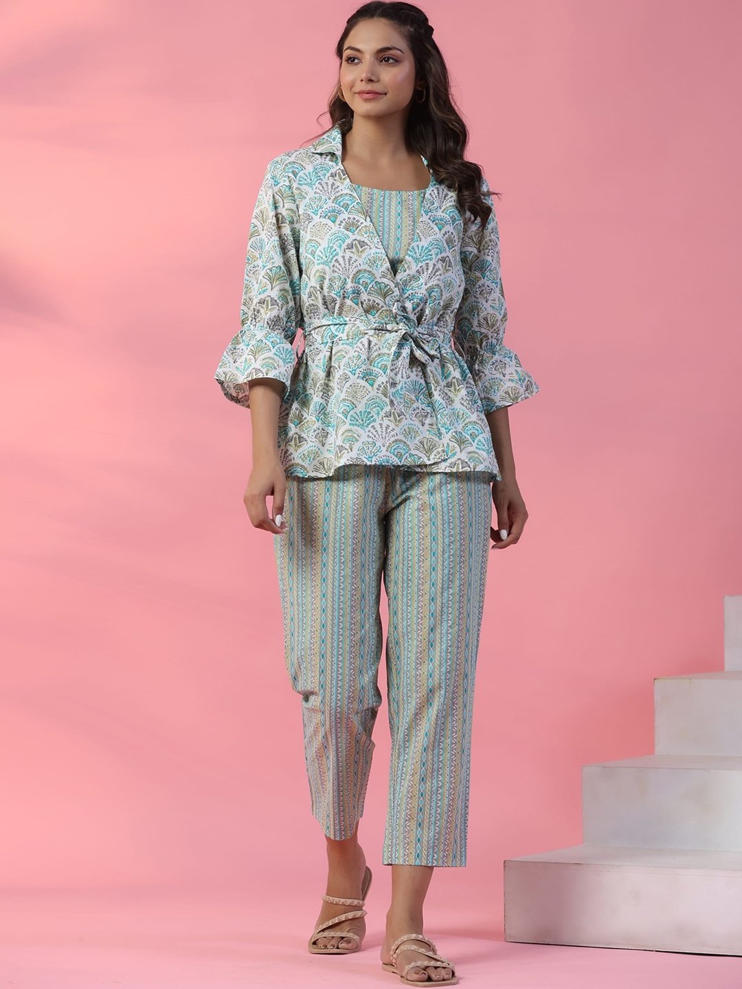 

mirari Printed Pure Cotton Top & Trousers With Shrug, Green