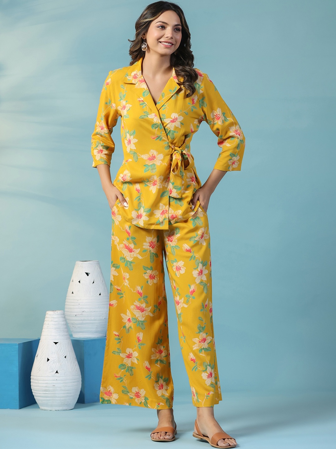 

mirari Floral Printed Tie-Up Top With Palazzo, Yellow