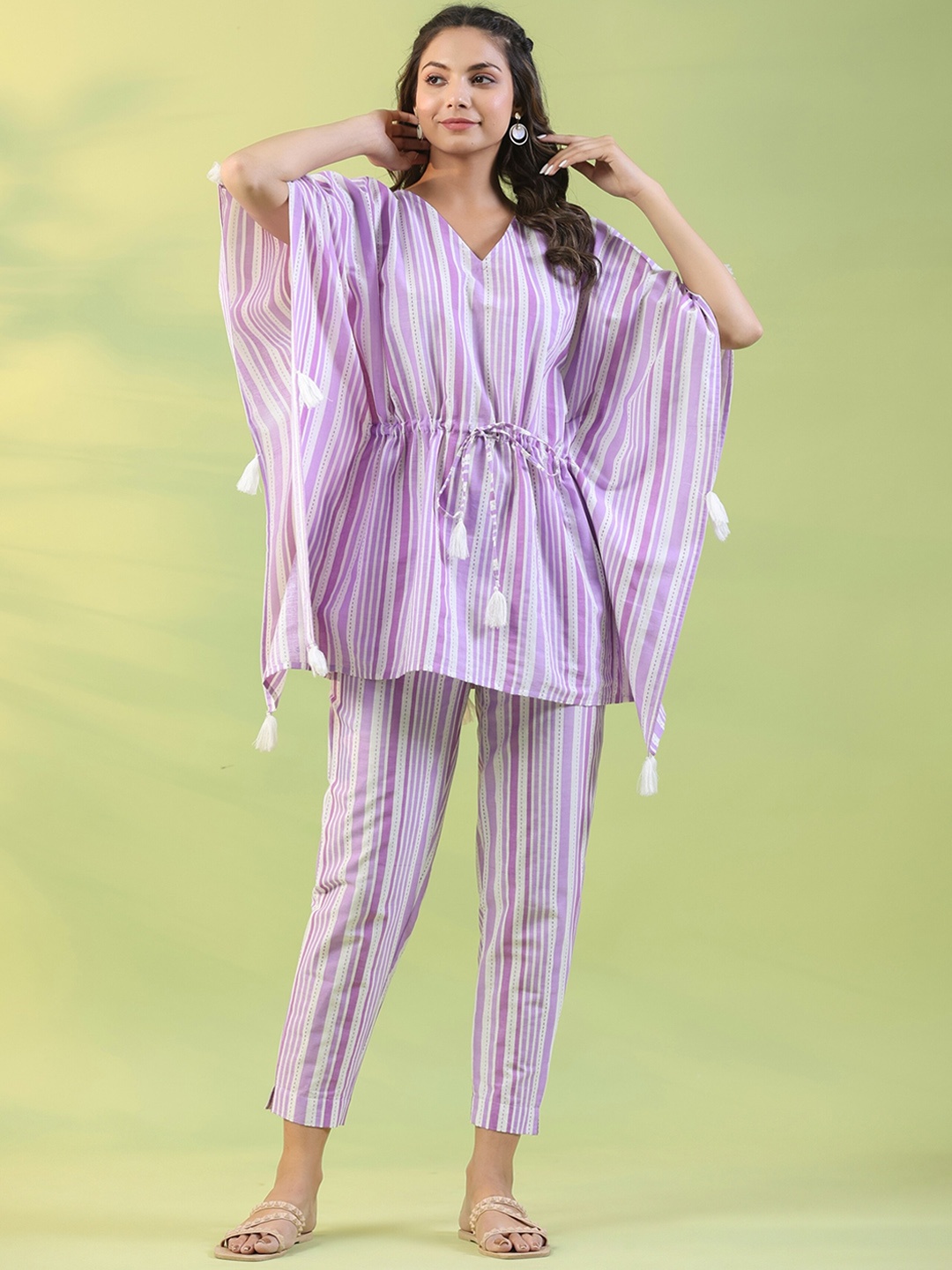 

mirari Striped Pure Cotton Kaftan Top & Trousers, Purple