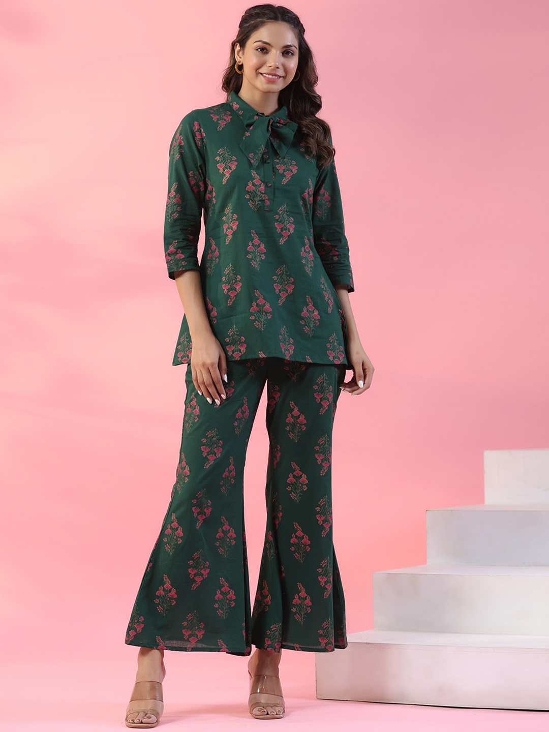 

mirari Printed Pure Cotton Top With Palazzo, Green