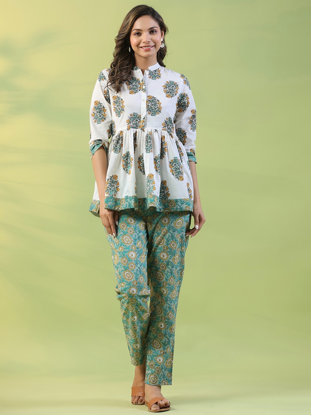 

mirari Ethnic Motifs Printed Pure Cotton Top With Trouser, White