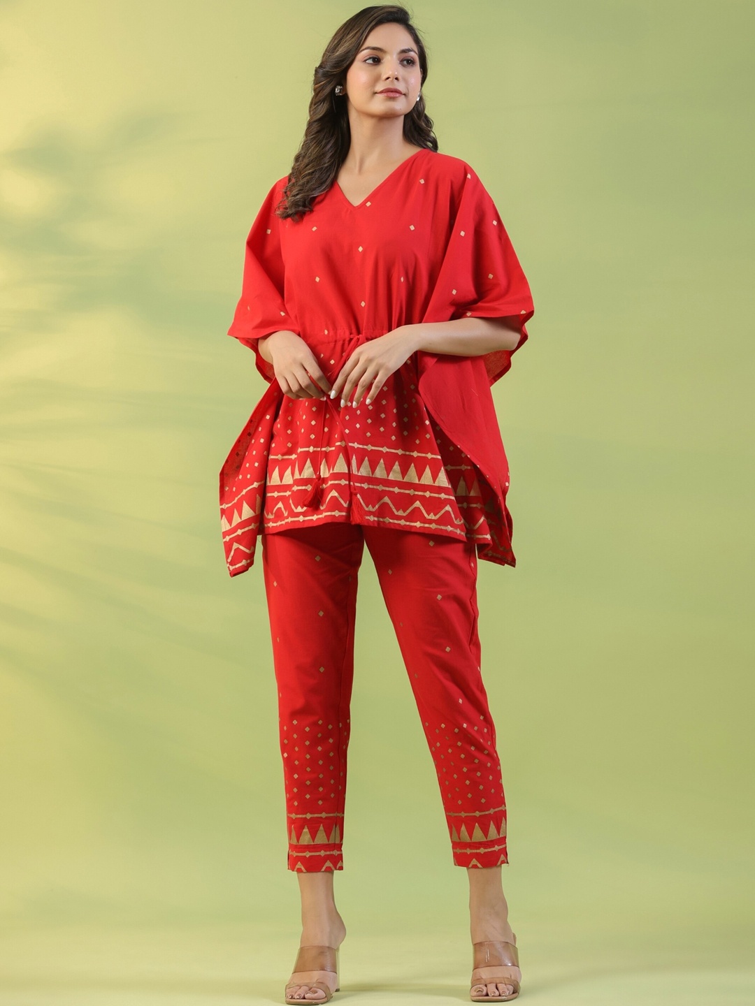 

mirari Printed Kaftan Top With Trousers, Red