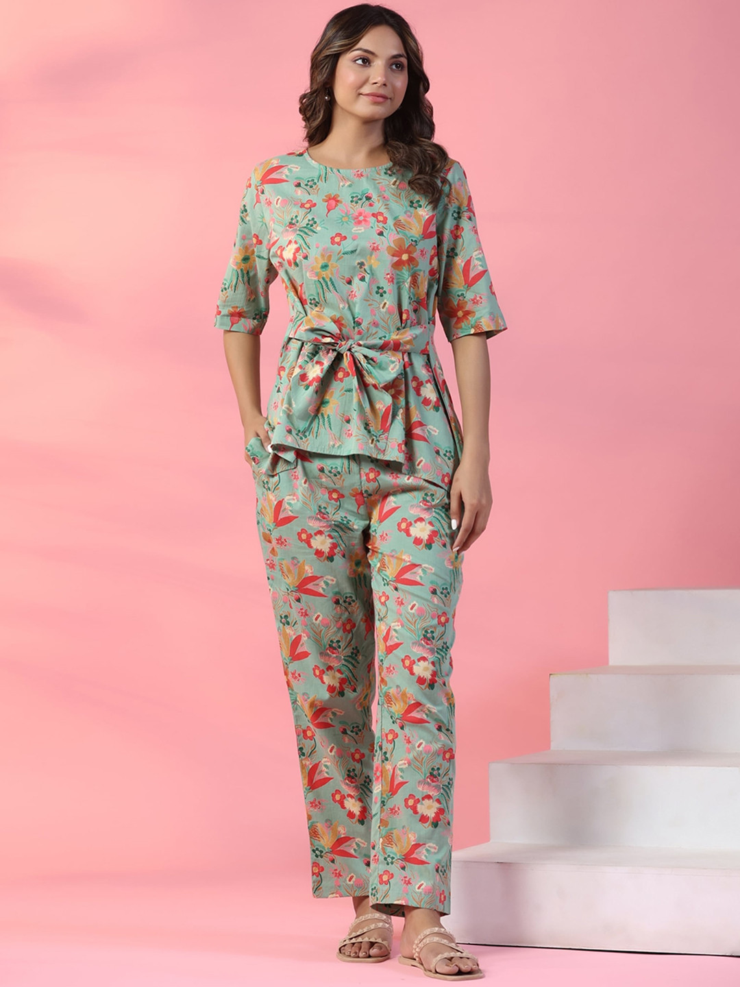 

mirari Floral Printed Pure Cotton Top & Trousers, Green