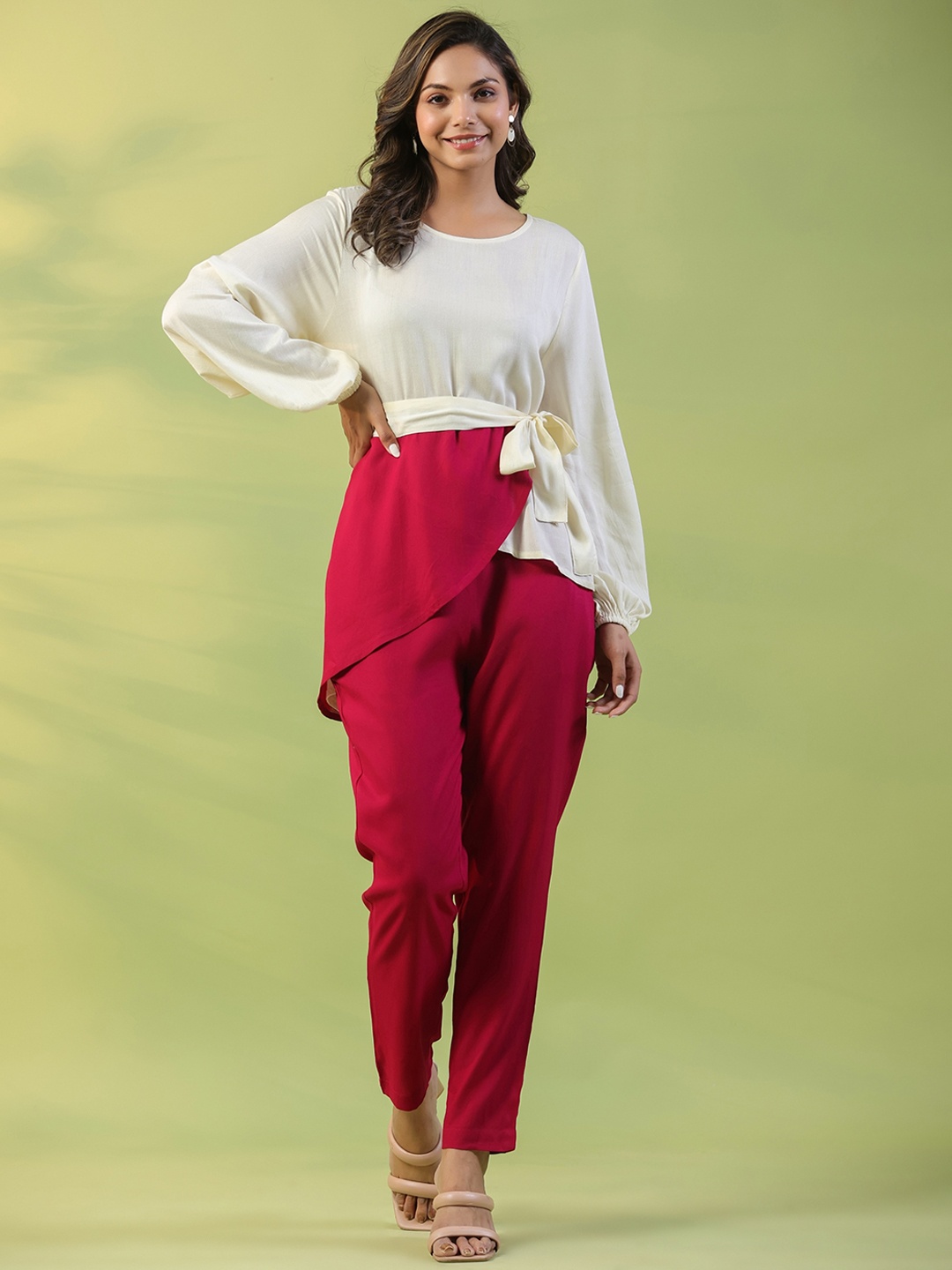 

mirari Round Neck Cuffed Sleeves Top & Trouser, Maroon