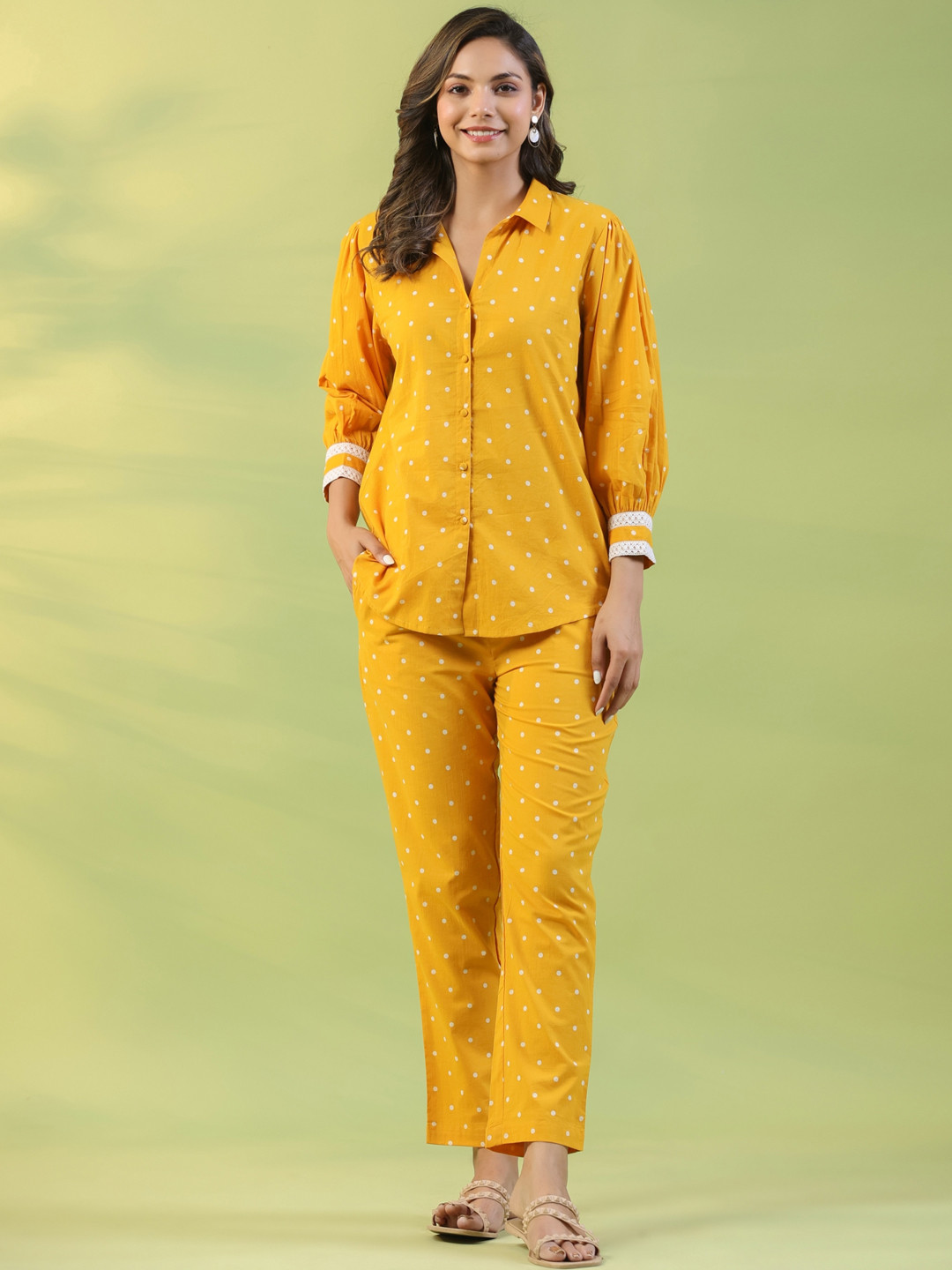 

mirari Printed Pure Cotton Shirt With Trouser Co-Ords, Yellow