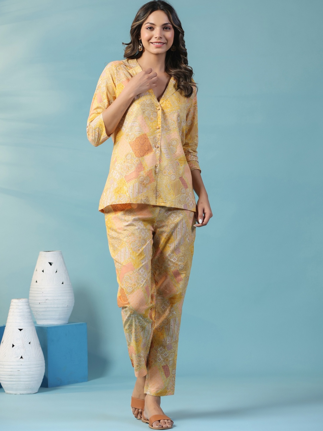 

mirari Ethnic Motifs Printed Pure Cotton Top & Trousers, Yellow