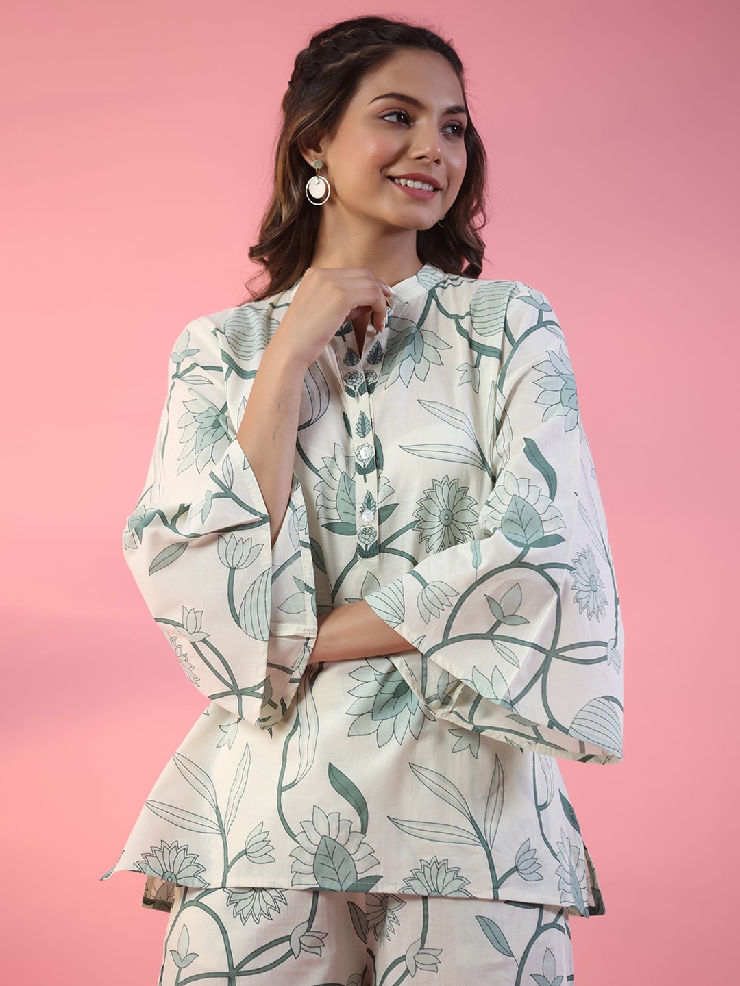 

mirari Floral Printed Flared Sleeves Pure Cotton Top & Palazzo, Off white