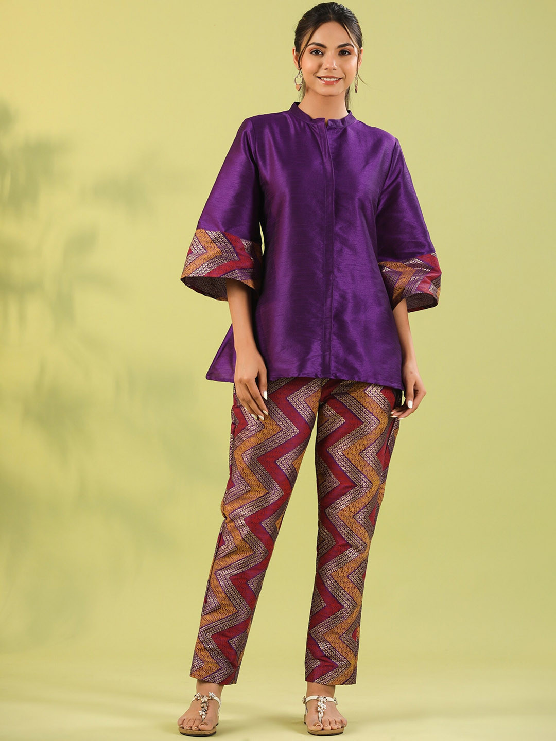

mirari Cape Sleeves Top With Striped Trousers, Purple