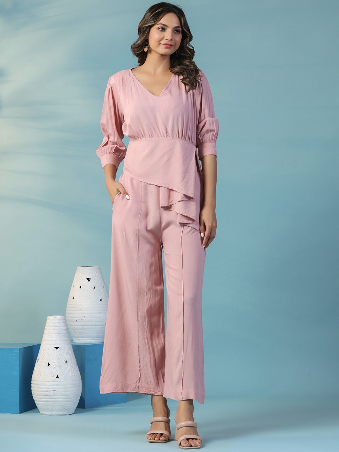 

mirari V-Neck Cuffed Sleeves Top With Palazzo, Peach
