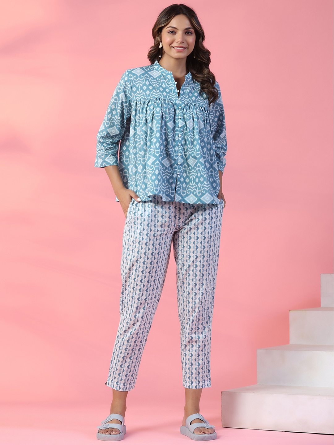 

mirari Printed Pure Cotton Top With Trousers, Blue