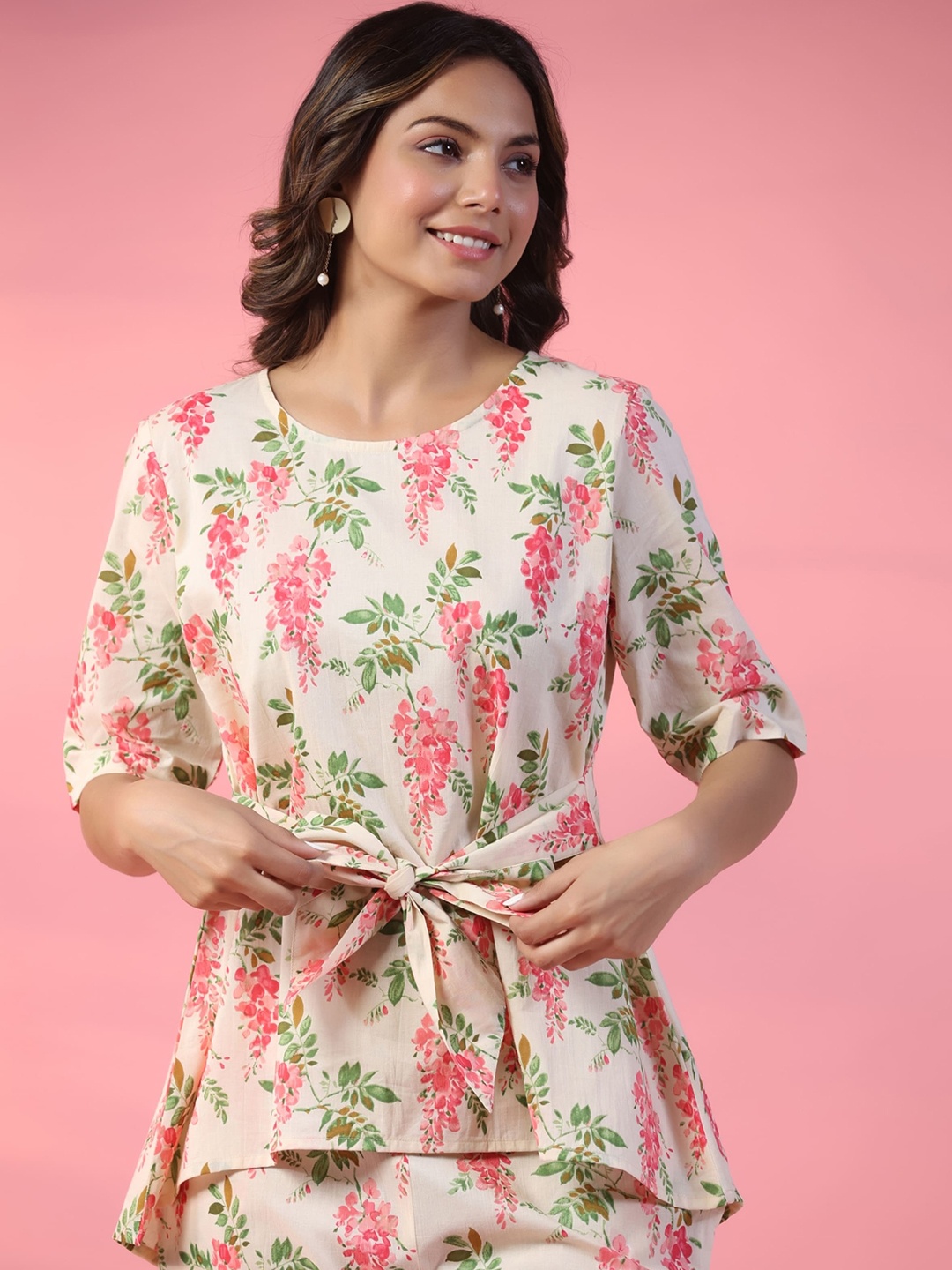 

mirari Floral Printed Pure Cotton Top With Trousers, Pink