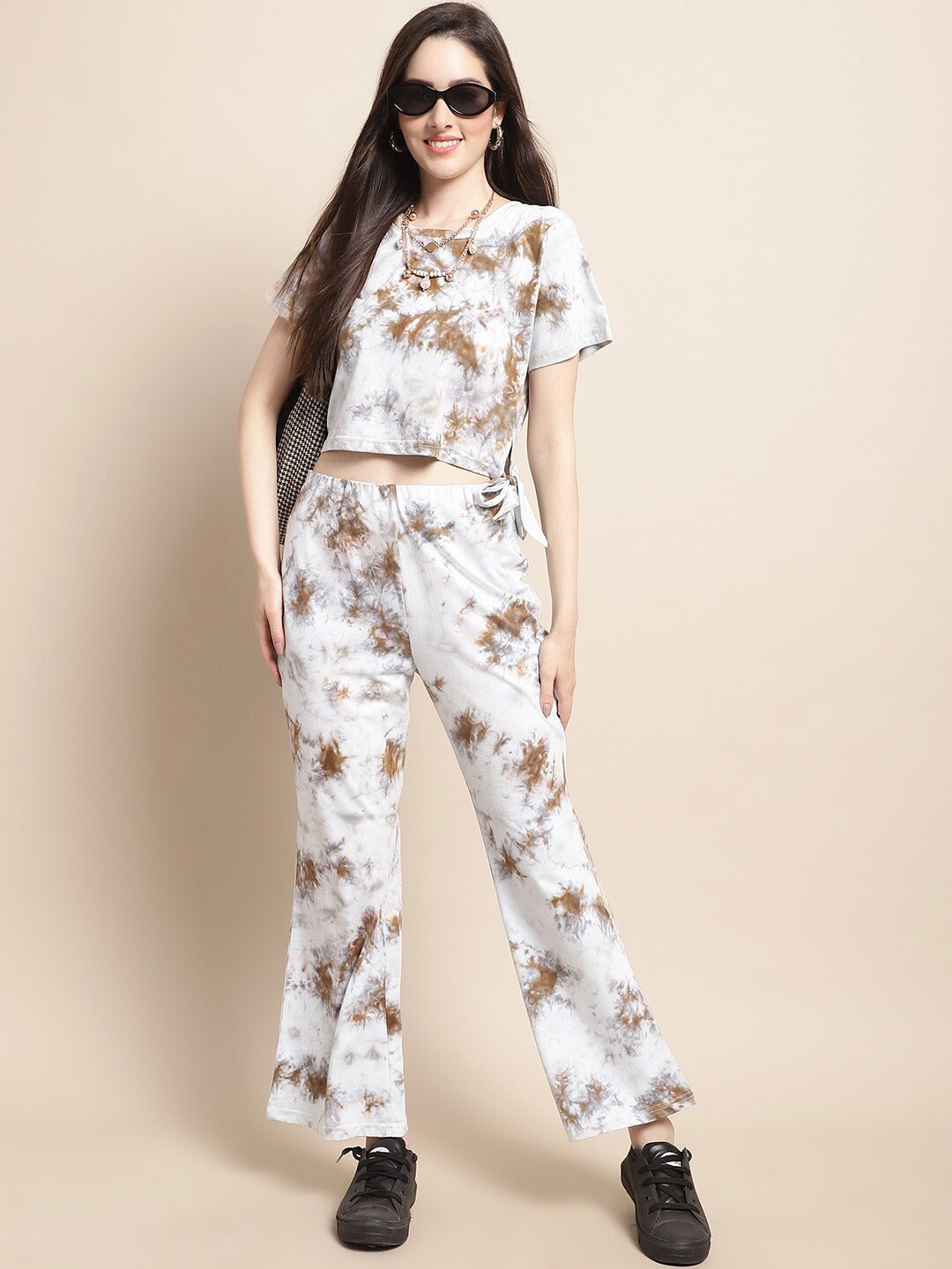 

Claura Off White & Brown Tie & Dye Top With Flared Trousers