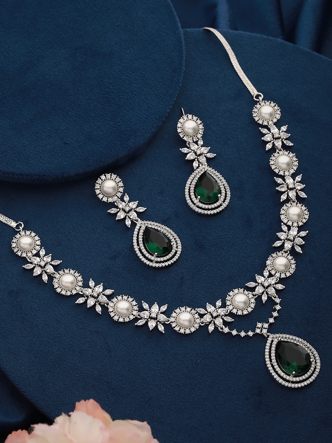 

Saraf RS Jewellery Silver-Plated AD-Studded Necklace & Earrings