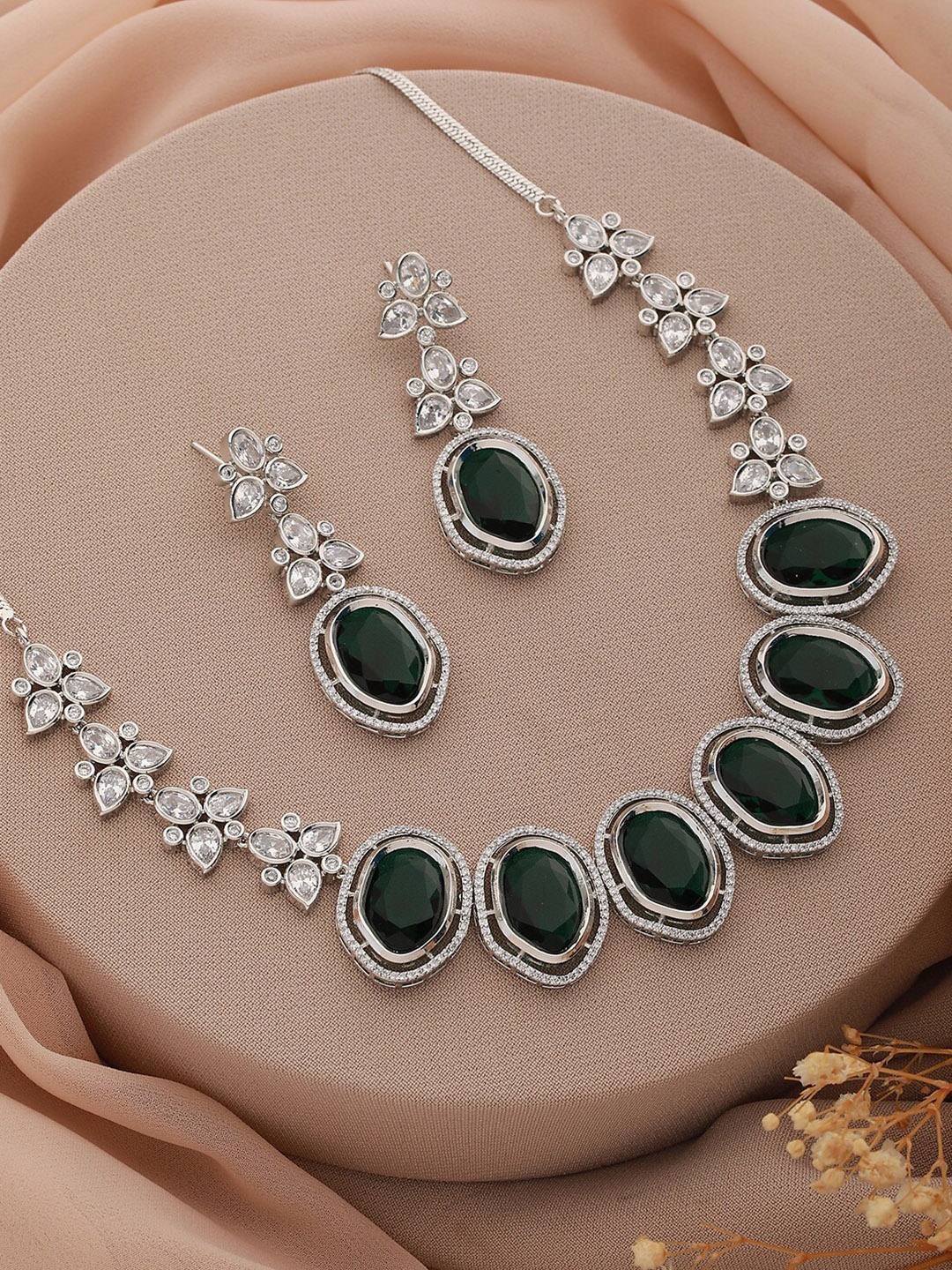 

Saraf RS Jewellery Silver-Plated & AD Studded Necklace & Earrings