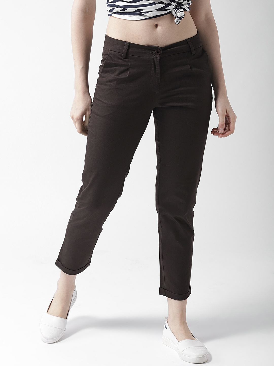 

Mast & Harbour Women Coffee Brown Regular Fit Solid Cropped Trousers