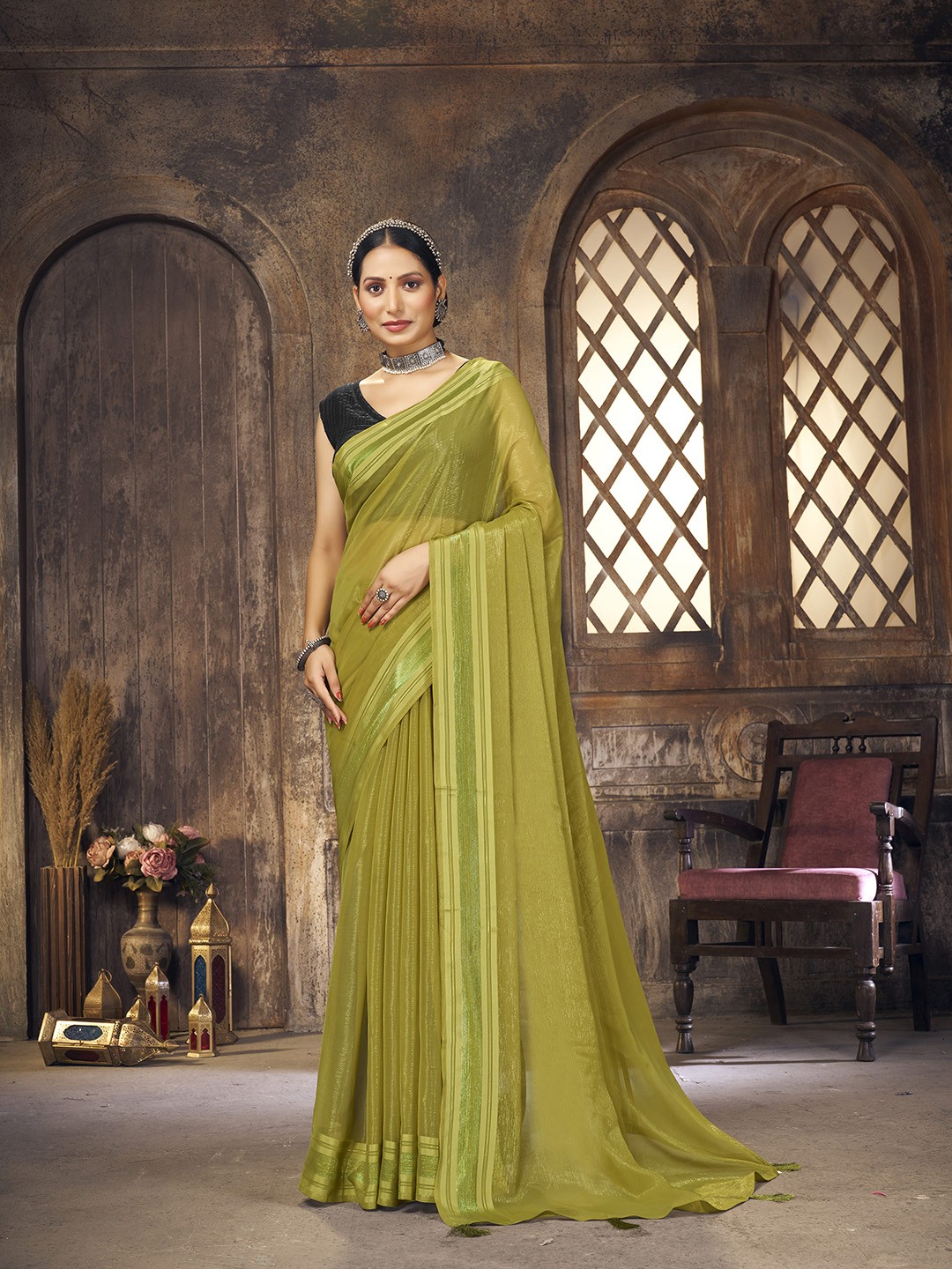 

elora Zari Pure Silk Bhagalpuri Saree, Olive
