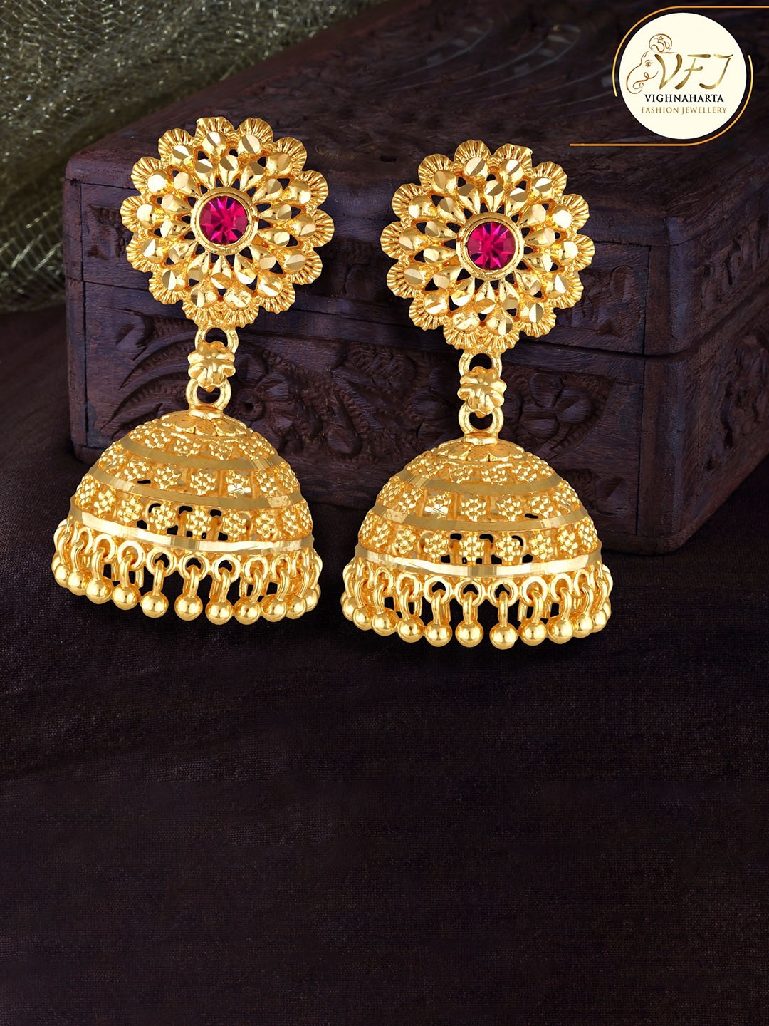 

Vighnaharta Gold-Plated Floral Jhumkas Earrings