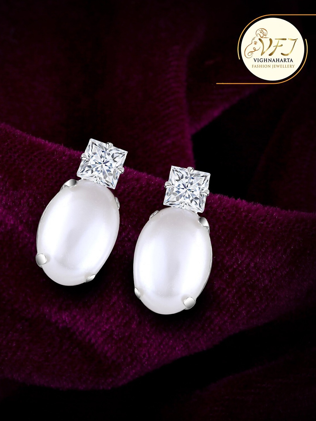 

Vighnaharta Rhodium-Plated Stone Studded & Beaded Drop Earrings, Silver