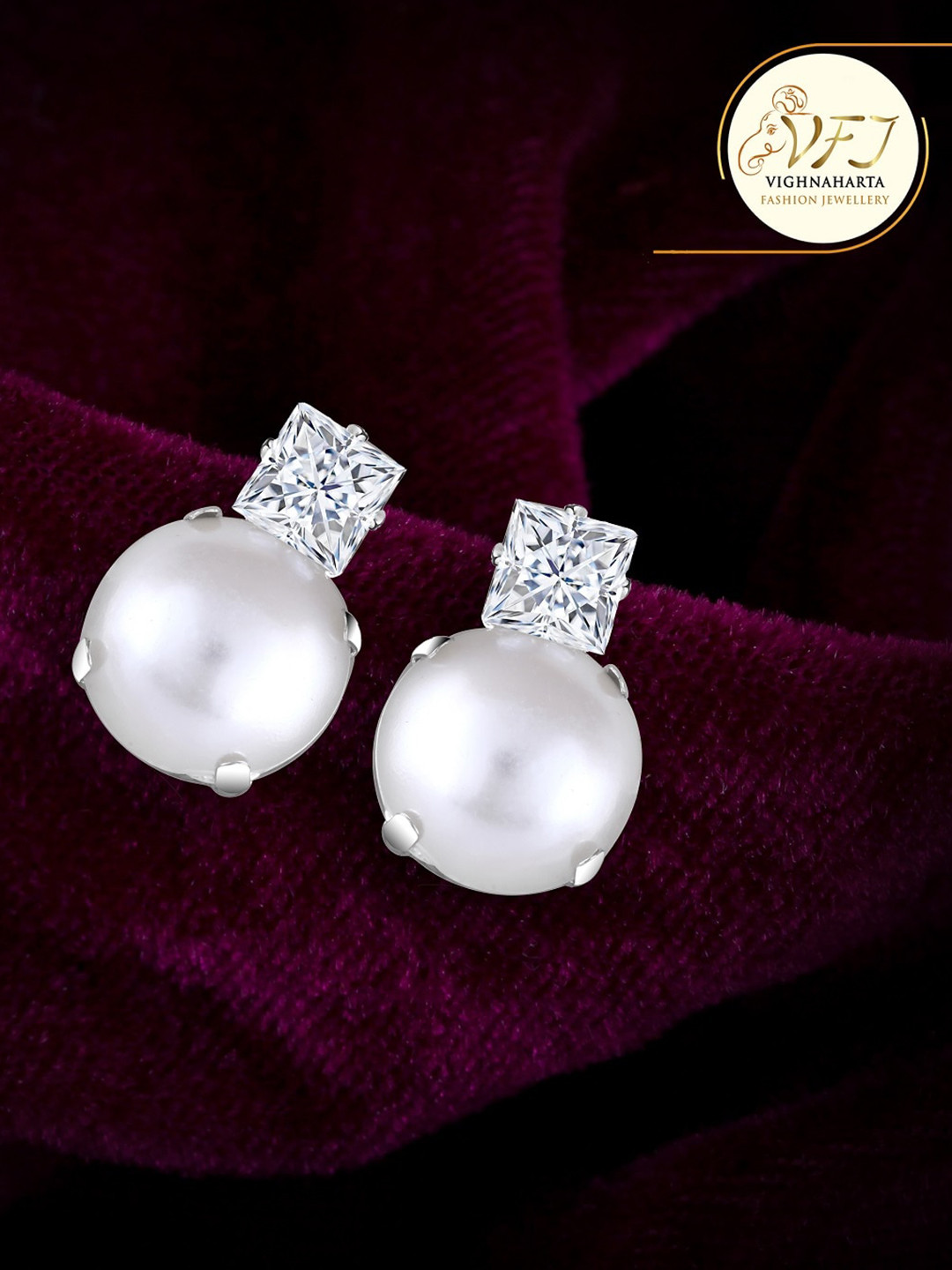 

Vighnaharta Rhodium-Plated Artficial Stone & Bead Studded Geometeric Studs Earrings, Silver
