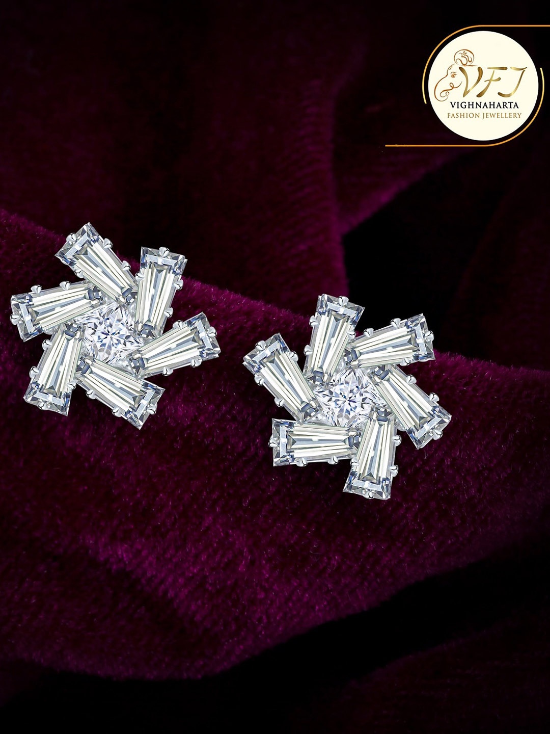 

Vighnaharta Rhodium-Plated Artificial Stones Studded Geometric Studs Earrings, Silver
