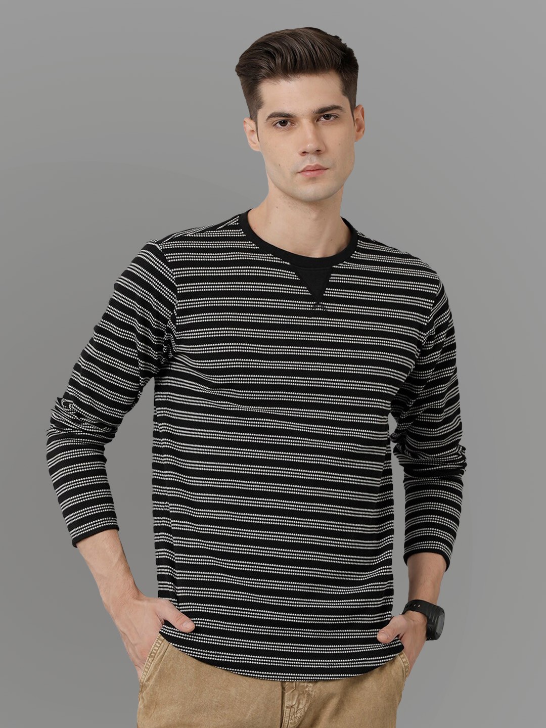 

Voi Jeans Striped Long Sleeves Pure Cotton Regular Fit T-shirt, Black