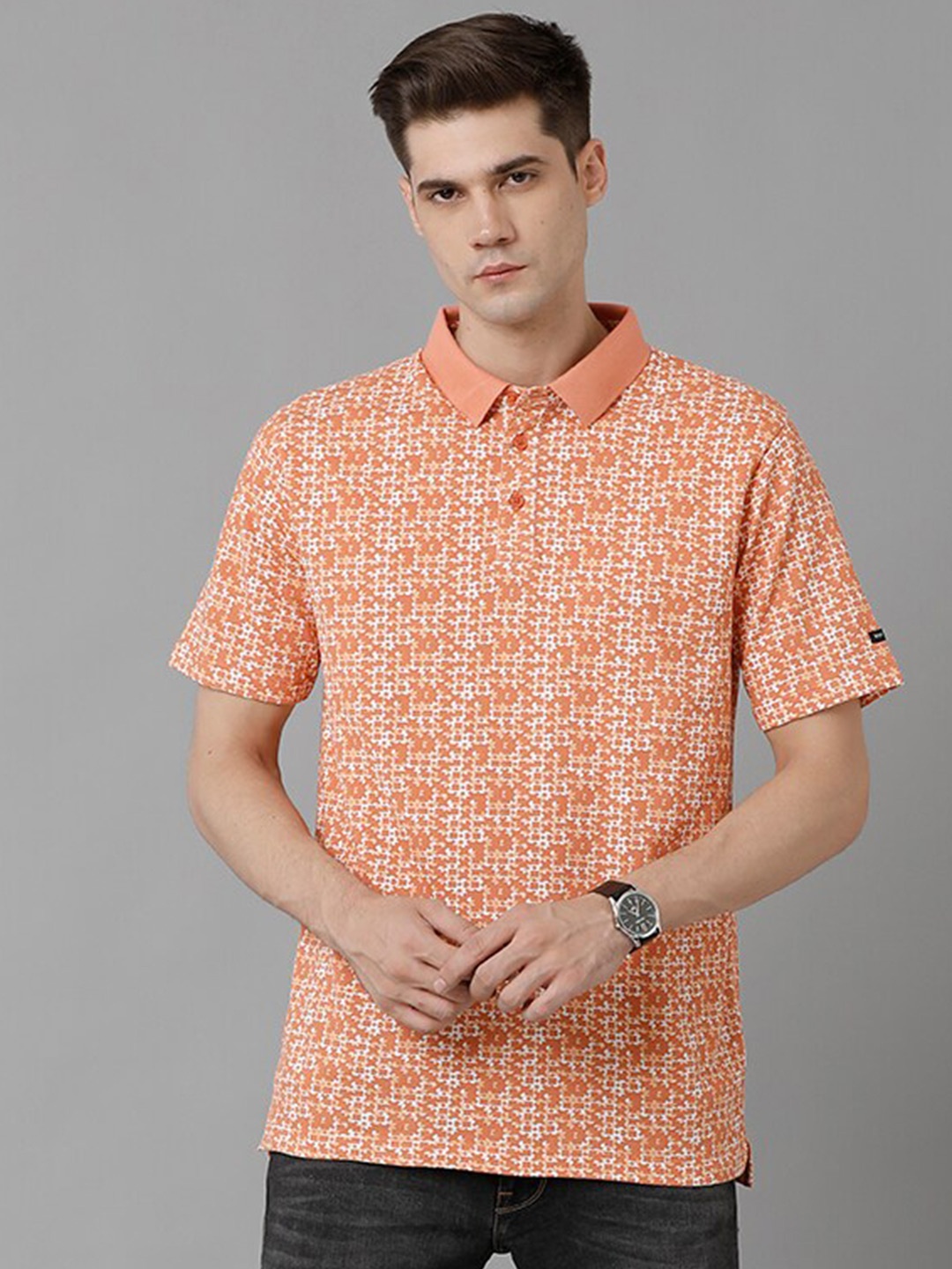 

Voi Jeans Abstract Printed Polo Collar Cotton T-shirt, Orange