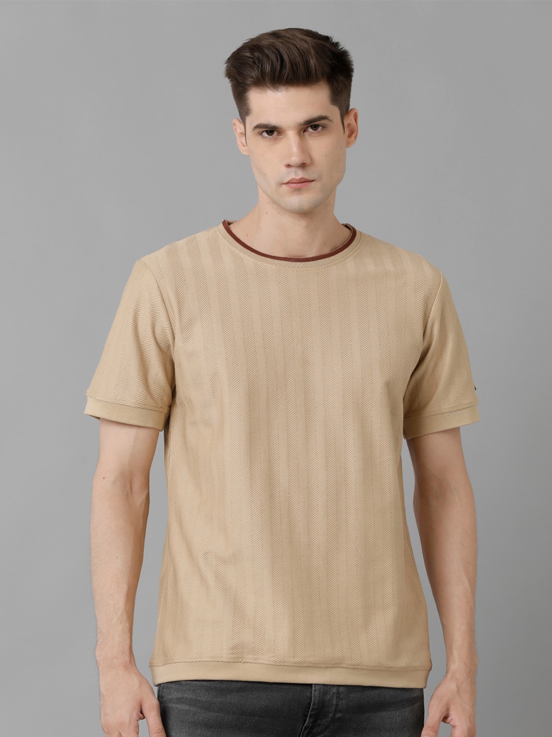 

Voi Jeans Striped Round Neck Cotton T-shirt, Beige