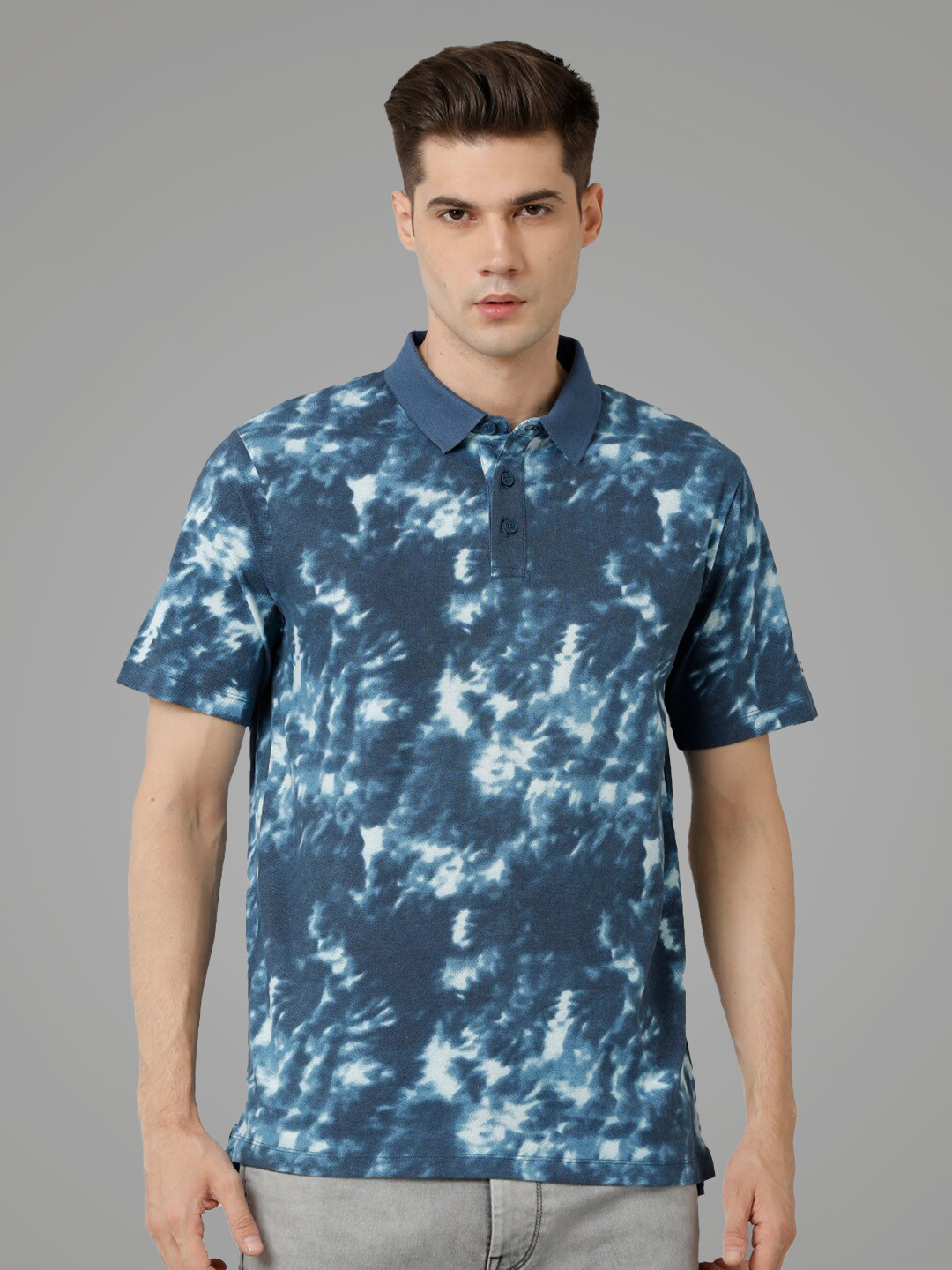 

Voi Jeans Tie & Dye Polo Collar Cotton T-shirt, Blue