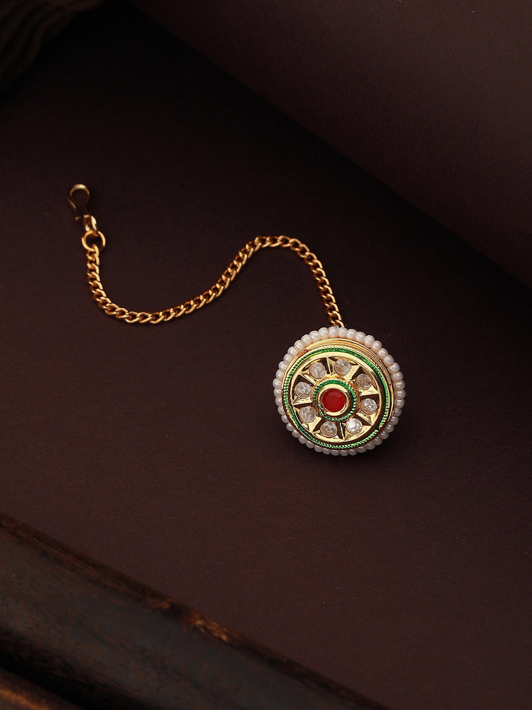 

Saraf RS Jewellery Gold-Plated Kundan Studded Rajasthani Borla Mangtika