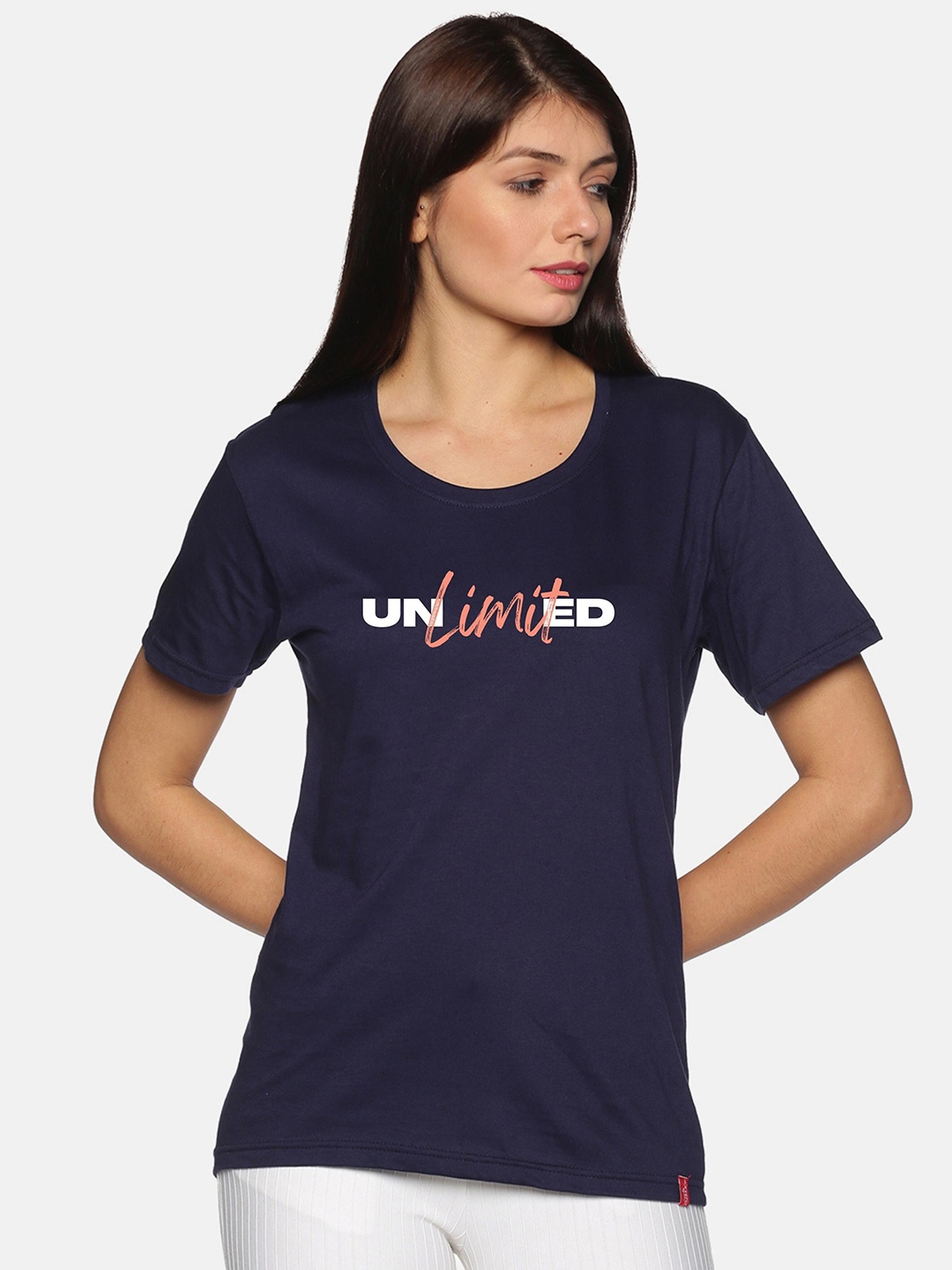 

NOT YET by us Typography Printed Round Neck Cotton T-shirt, Navy blue