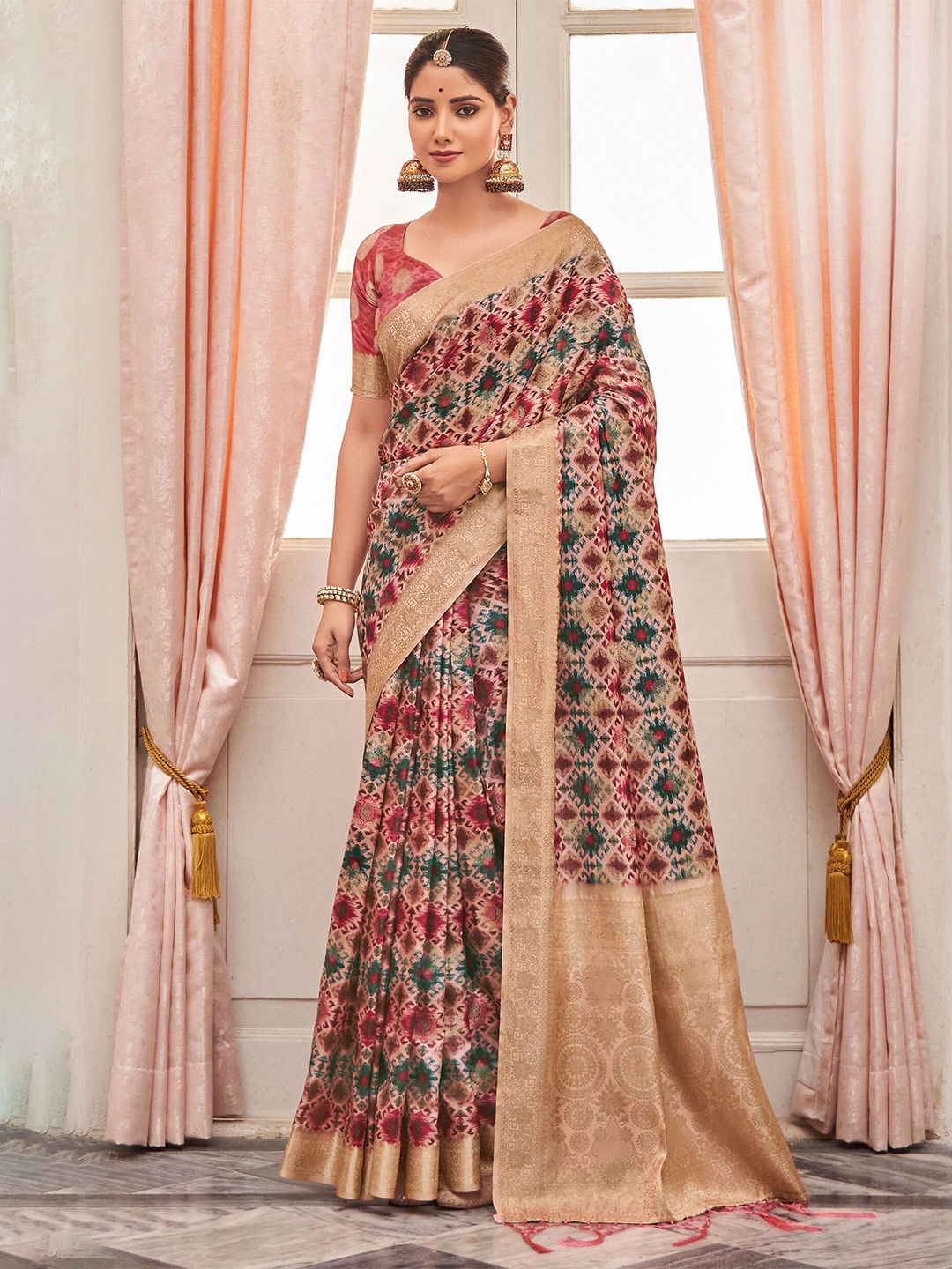

SHANGRILA Ethnic Motifs Printed Khadi Saree, Red