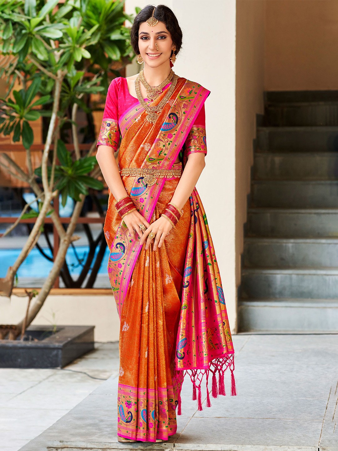 

SHANGRILA Orange & Pink Woven Design Zari Pure Silk Paithani Saree