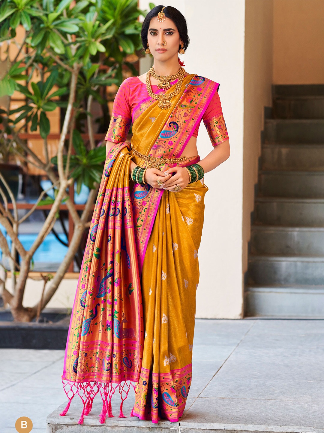 

SHANGRILA Ethnic Motifs Printed Zari Pure Silk Paithani Saree, Mustard