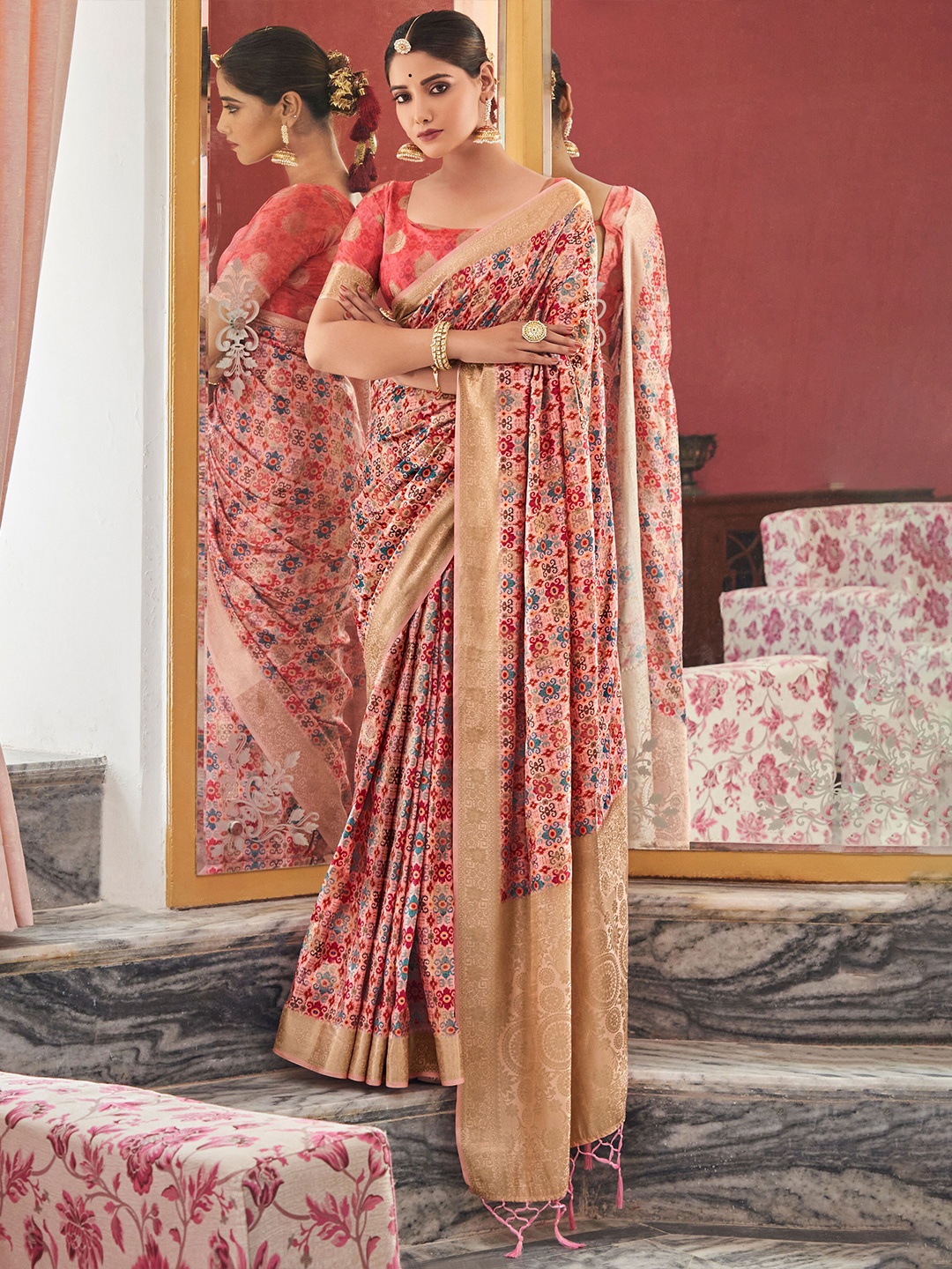 

SHANGRILA Ethnic Motifs Printed Zari Khadi Saree, Peach
